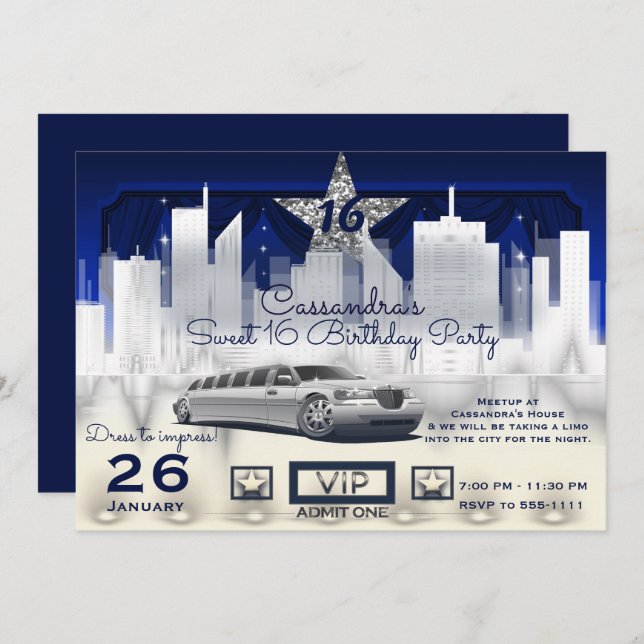 Invitation Blue Silver City Night Lights Limo Anniversaire (Devant / Derrière)