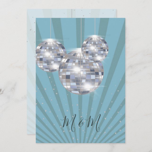 Invitation Blue Silver Disco Sun Rays Chic Mariage (Devant / Derrière)