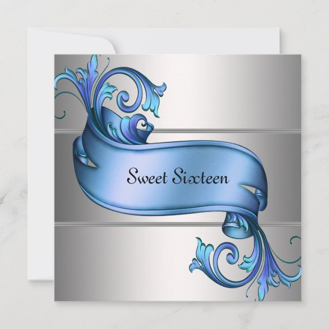 Invitation Blue Silver Elegant Sweet sixteen Party (Devant)