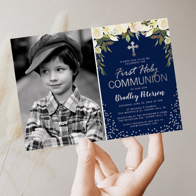 Invitation Blue Silver Floral Boy First Holy Communion Photo (Créateur téléchargé)