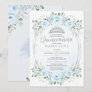 Invitation Blue Silver Floral Crown Princesse Quinceañera