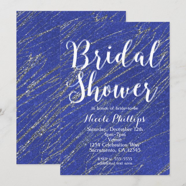 Invitation Blue & Silver Glam Marble Stripe Fête de Mariage (Devant / Derrière)
