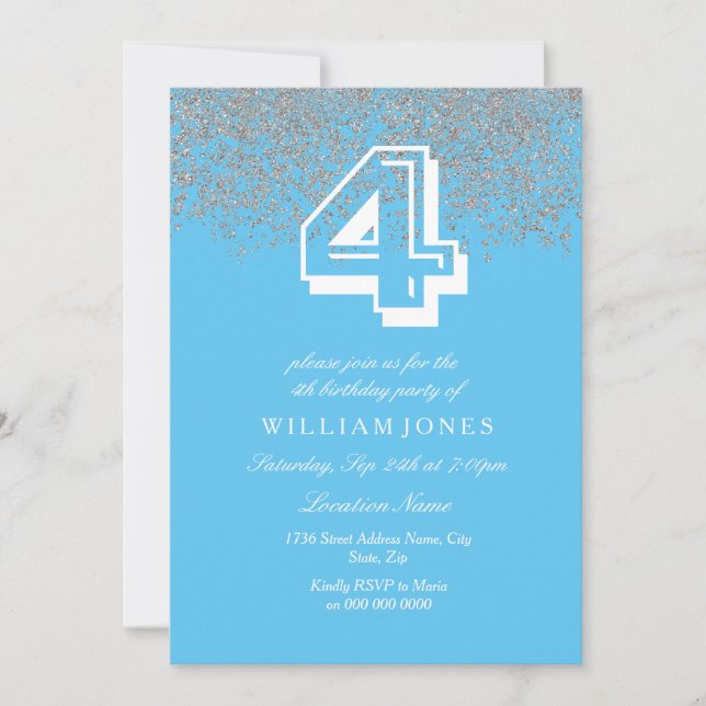 Invitation Blue Silver Parties scintillant Boys 4e anniversai (Devant)