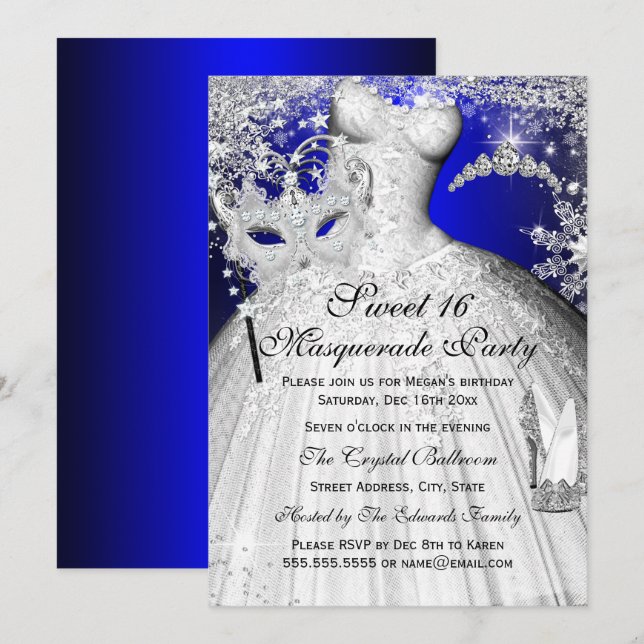 Invitation Blue & Silver Princess Masquerade Sweet (Devant / Derrière)