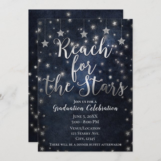 Invitation Blue Silver Reach for Stars Celestin Graduation (Devant / Derrière)
