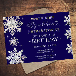 Invitation Blue Silver Snowflakes Double fête d'anniversaire