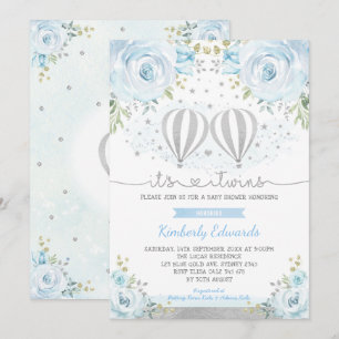 Invitation Blue Silver Twin Boys Hot Air Balloon Baby shower