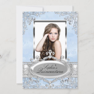 Invitation Blue Silver Vintage Glamour Photo Quinceanera