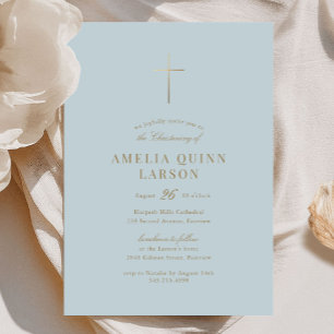 Invitation Blue Simple Elegant Gold Cross Christening