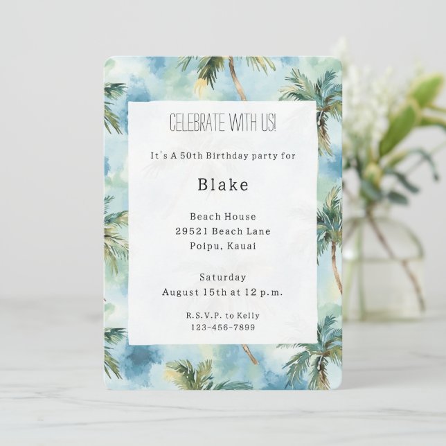 Invitation Blue Skies Tropical Island Palm Trees Birthday (Debout devant)