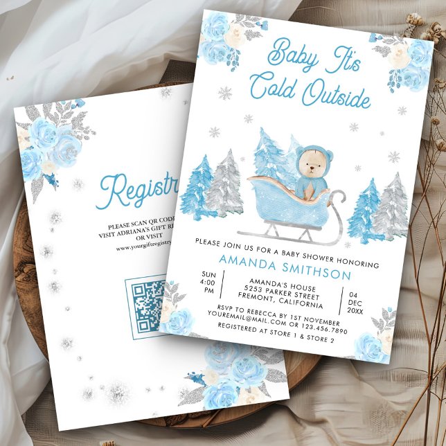 Invitation Blue Sleigh Cute Teddy Bear Baby Shower (Créateur téléchargé)