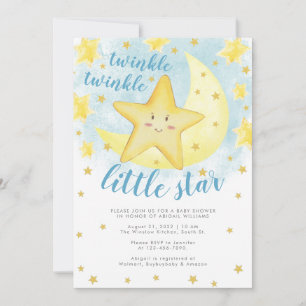 Invitation Blue Smiling Gold Twinkle Little Star Baby shower