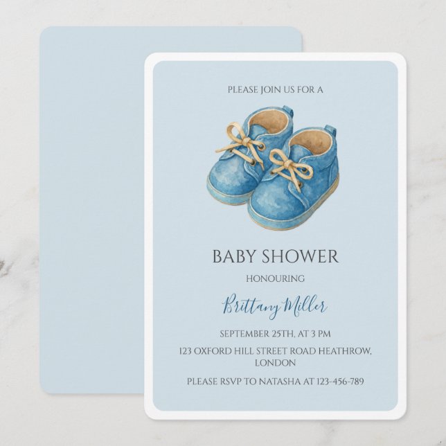Invitation Blue Sneakers Baby Shower Sports (Devant / Derrière)