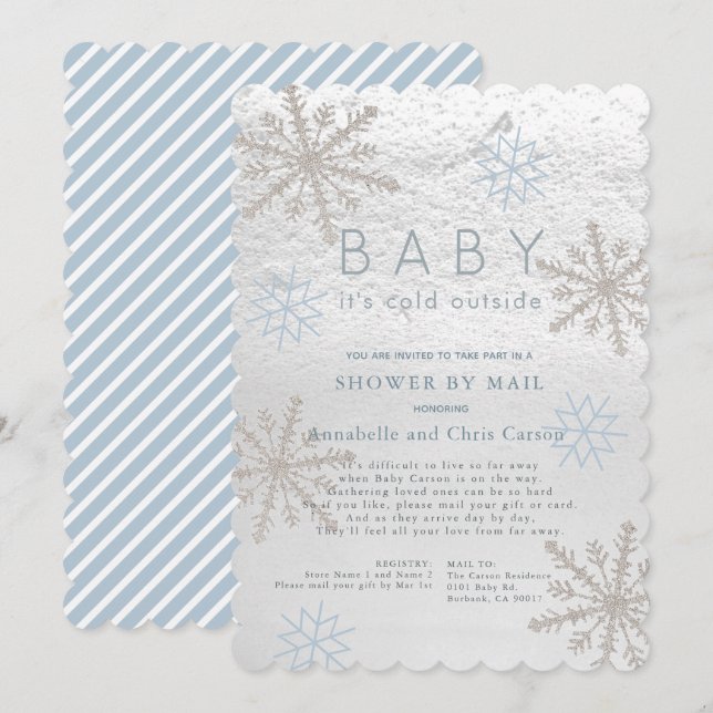 Invitation Blue Snowflake Baby Sa douche froide par courrier (Devant / Derrière)