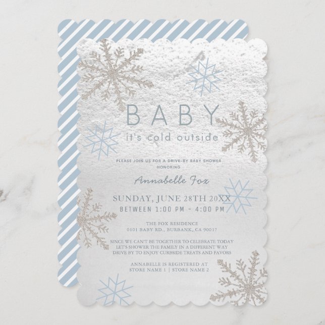 Invitation Blue Snowflake Baby Son Baby shower Cold Drive by (Devant / Derrière)