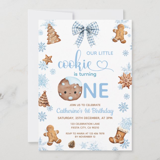 Invitation Blue Snowflakes Cookies is turning one (Devant)