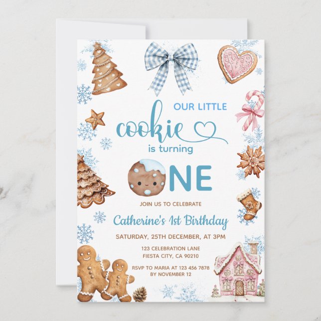 Invitation Blue Snowflakes Gingerbread Christmas 1st Birthday (Devant)