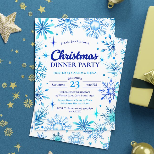 Invitation Blue Snowflakes Noël Diner fêtes d'aquarelle (Blue Snowflakes Christmas Dinner Party Watercolor Invitation)