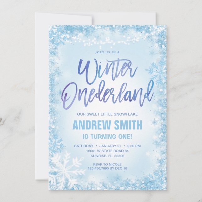 Invitation Blue Snowflakes Winter Onederland Anniversaire (Devant)