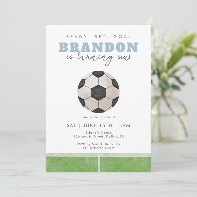 Invitation Blue Soccer Ball Boys 6th Birthday Party Sports (Debout devant)