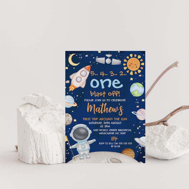 Invitation Blue Space Premier voyage autour du soleil 1er ann (First trip around the sun 1st birthday invitation, Outer space birthday party invitation, blast off)