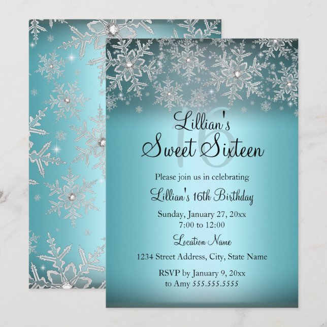 Invitation Blue Sparkle Flocon de Neige Sweet 16 (Devant / Derrière)