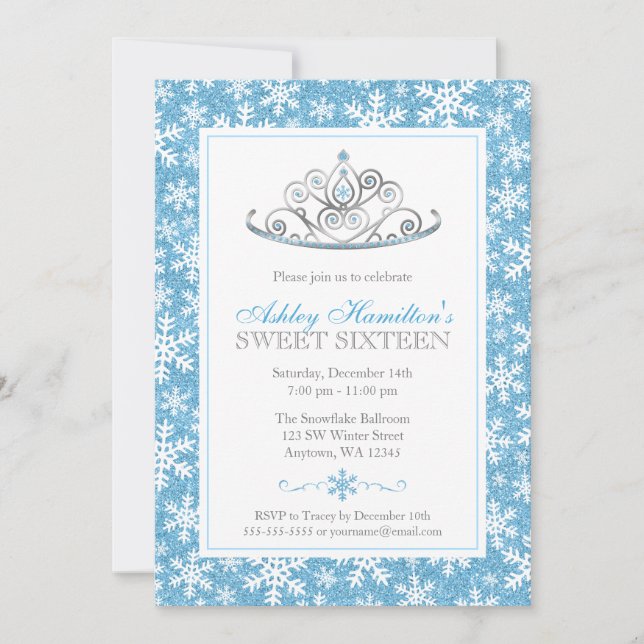 Invitation Blue Sparkle Princess Winter Wonderland Sweet 16 (Devant)