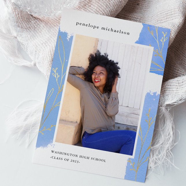 Invitation Blue Splashes Botanical Photo Graduation Party (Créateur téléchargé)