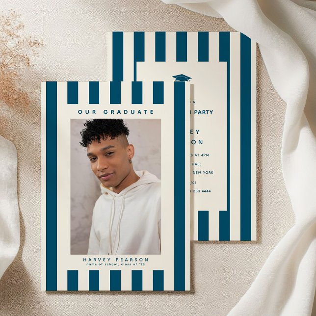 Invitation Blue Sporty Stripes 2 Photo Graduation Party (Créateur téléchargé)