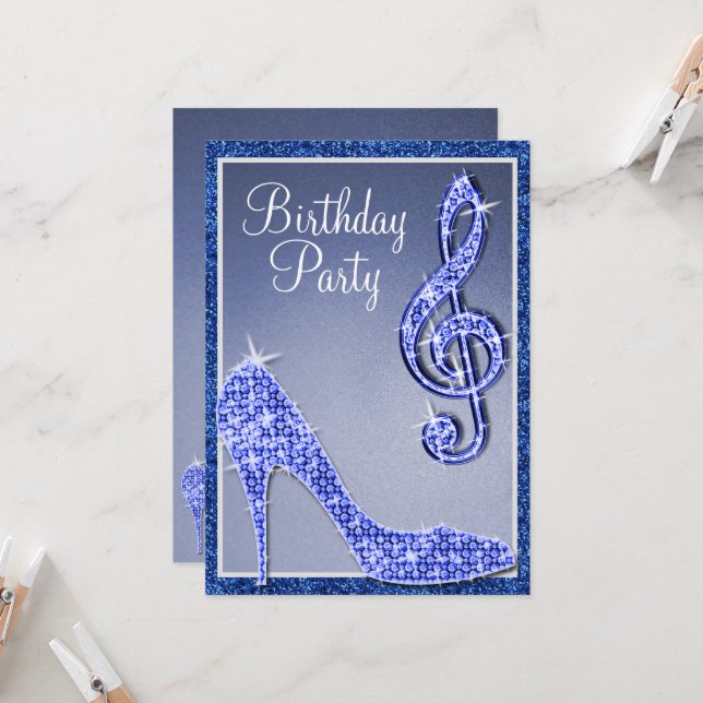 Invitation Blue Stiletto & Treble Clef Anniversaire (Devant/Arrière en situation)