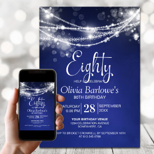 Invitation Blue String Lights 80e fête d'anniversaire