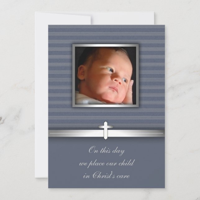 Invitation Blue Stripe Baby Boy Photo Christening (Devant)