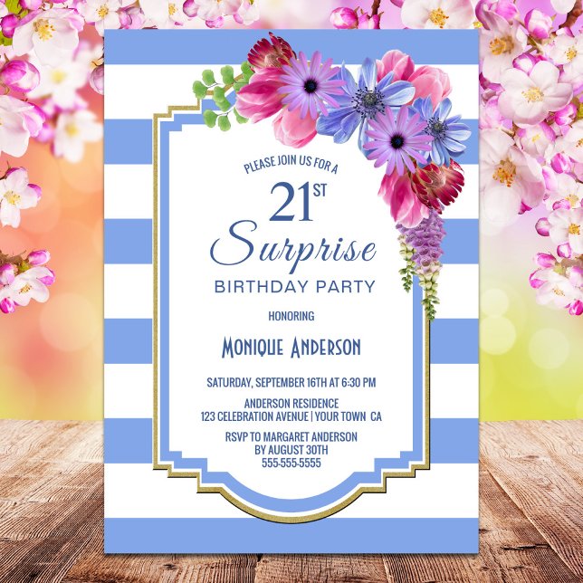 Invitation Blue Striped Floral Surprise 21e fête d'anniversai (Créateur téléchargé)