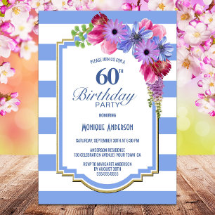 Invitation Blue Striped Purple Floral 60e fête d'anniversaire