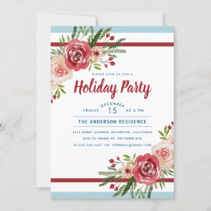 Invitation Blue Stripes Aquarelle Floral Fête de Vacances