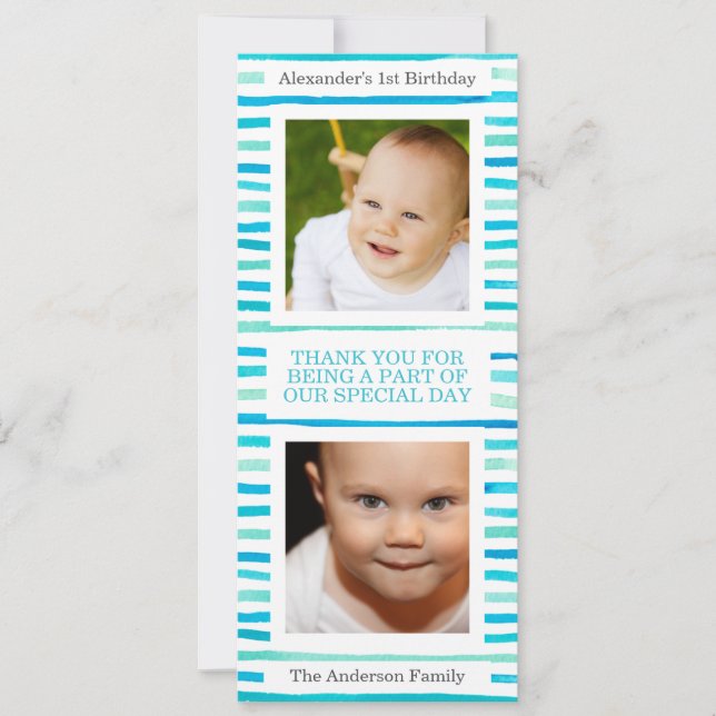 Invitation Blue Stripes Baby Boy 1er anniversaire Merci photo (Devant)