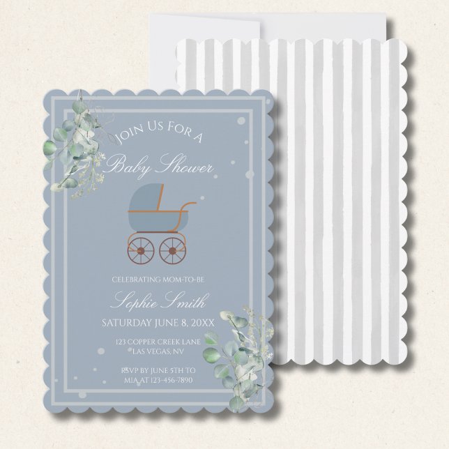Invitation Blue Stripes Baby Carriage Baby Shower Scalloped (Créateur téléchargé)