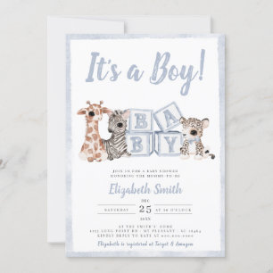 Invitation Blue Stripes Boy Safari Animaux Baby shower