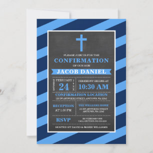 Invitation Blue Stripes Chalkboard Confirmation pour garçon
