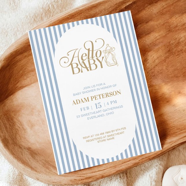 Invitation Blue Stripes Elegant Vintage Boy Baby Shower (Créateur téléchargé)