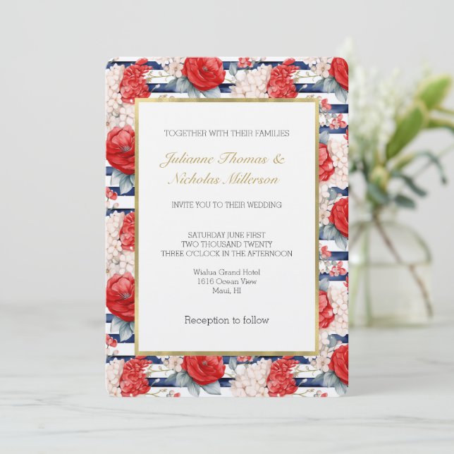 Invitation Blue Stripes Red White Floral Wedding (Debout devant)