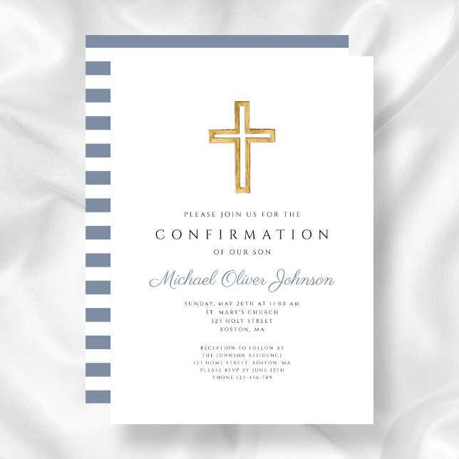 Invitation Blue Stripes Religious Cross Boy Confirmation (Blue Stripes Religious Cross Boy Confirmation Invitation)