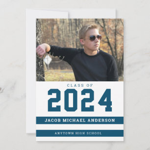 Invitation Blue Stripes Sporty Photo Graduation Party