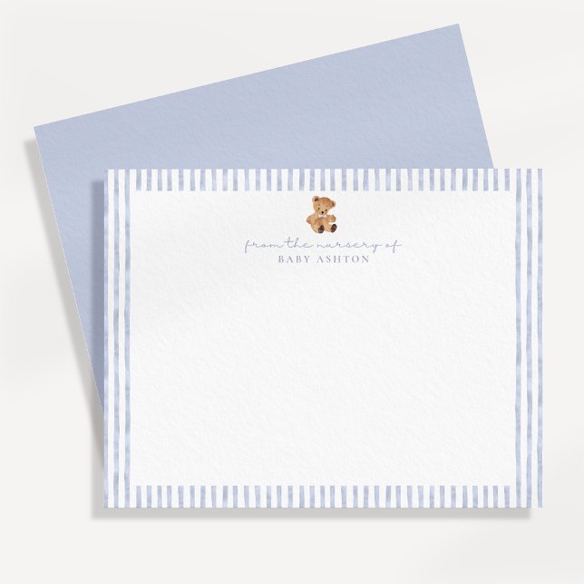 Invitation Blue Stripes Teddy Bear Nursery Note Card (Créateur téléchargé)