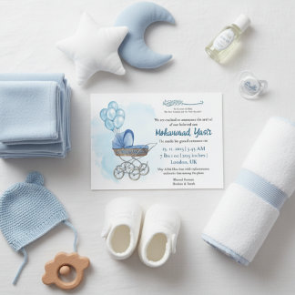 Invitation Blue stroller balloon muslim baby boy birth invita