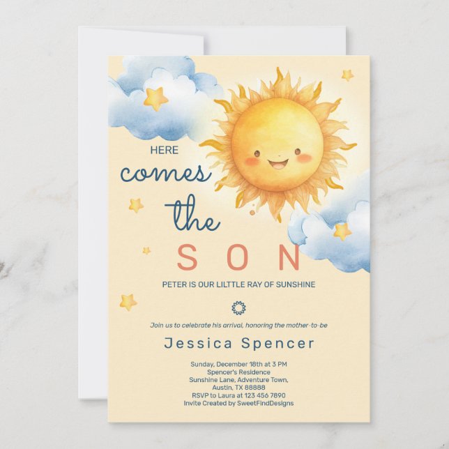 Invitation Blue Sunshine Sun Here Comes the Son Baby Shower (Devant)