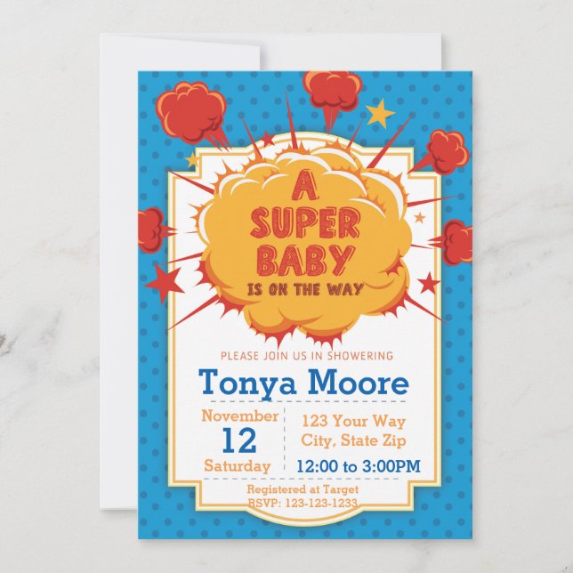 Invitation Blue Super Baby shower (Devant)