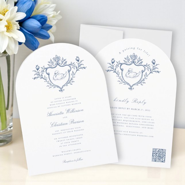 Invitation Blue Swan Crest Toile Wedding All in One  (Créateur téléchargé)