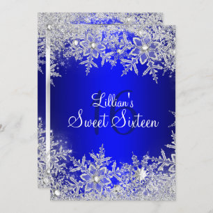 Invitation Blue Sweet 16 Snowflake Winter Wonderland