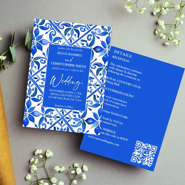 Invitation Blue Talavera tuiles espagnoles tout en un mariage (Blue Azulejo Talavera vintage Spanish tiles all in one wedding Invitation template instant download)